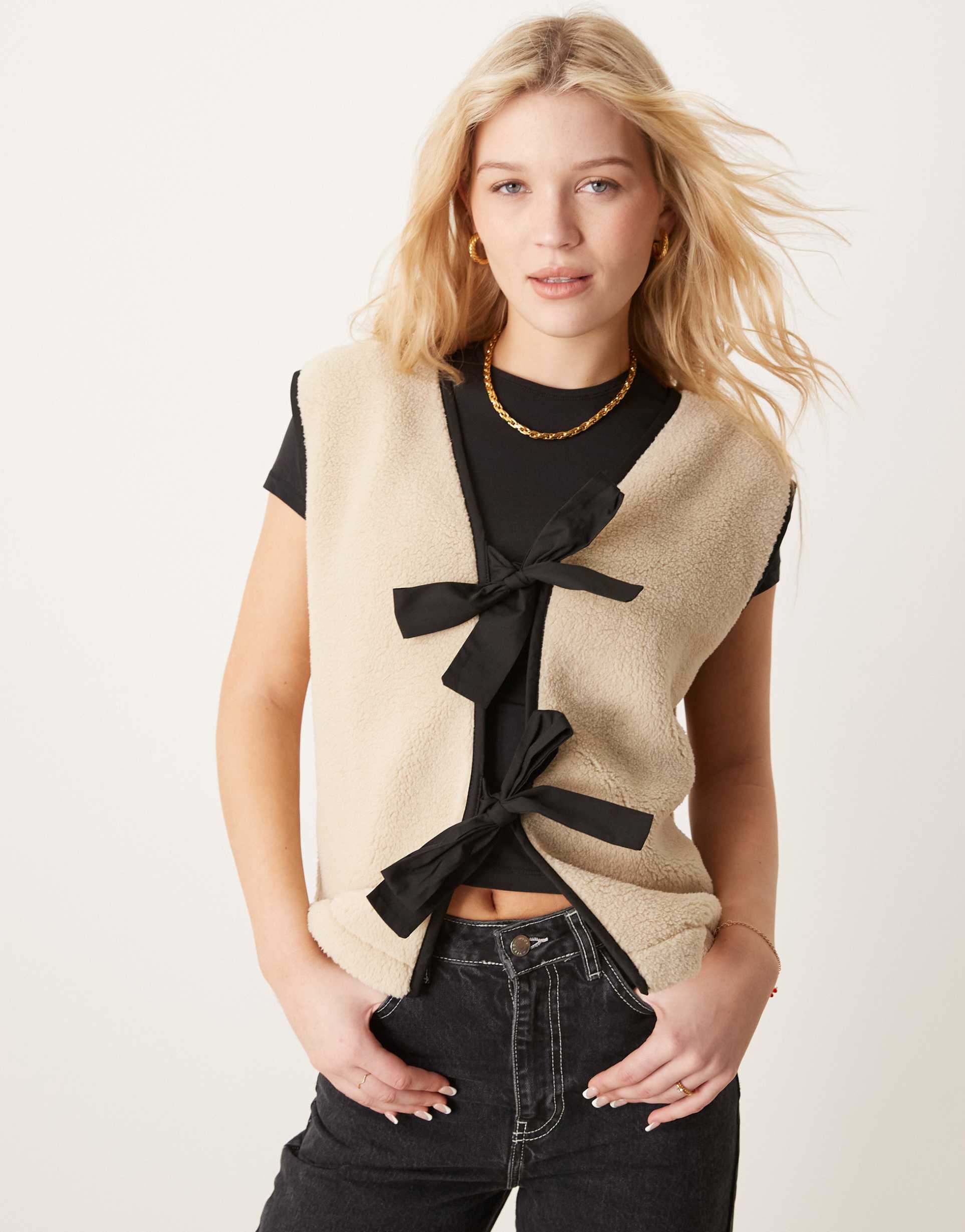asos design teddy vest with bow tie detail in stone