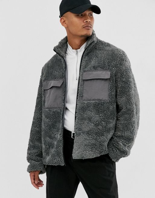ASOS DESIGN teddy zip through jacket in gray | ASOS