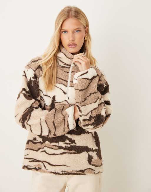 ASOS DESIGN teddy zip up fleece with mountain all over print in neutral