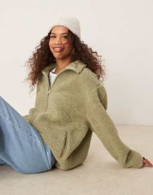 Asos Design Teddy Zip Up Sweatshirt In Sage Green
