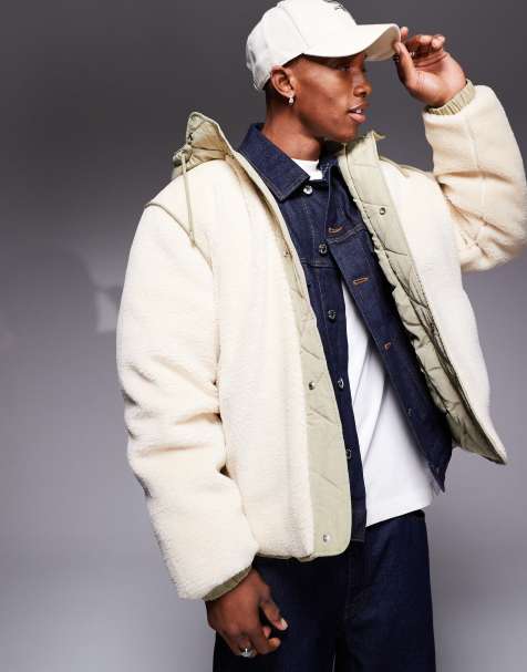 ASOS DESIGN – Teddyfell-Jacke in Ecru mit khaki Besatz und Kapuze - view 1