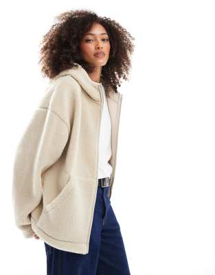 ASOS DESIGN - Teddyfell-Kapuzenjacke in Steinbeige mit Stehkragen und Oversize-Schnitt-Neutral