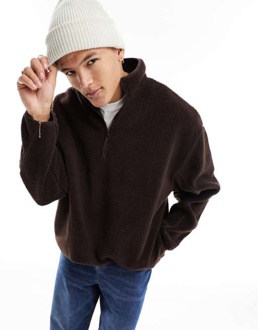 ASOS DESIGN – Teddyfell-Sweatshirt in Braun mit kurzem Reißverschluss und Oversize-Schnitt