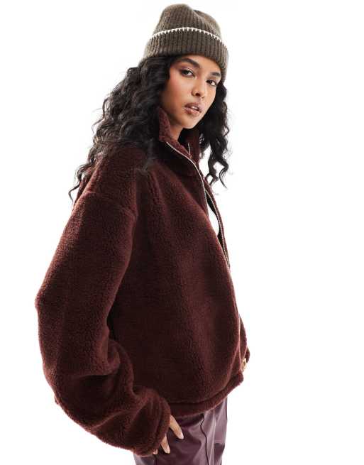 ASOS DESIGN – Teddyfell-Sweatshirt in Schokobraun mit durchgehendem Reißverschluss