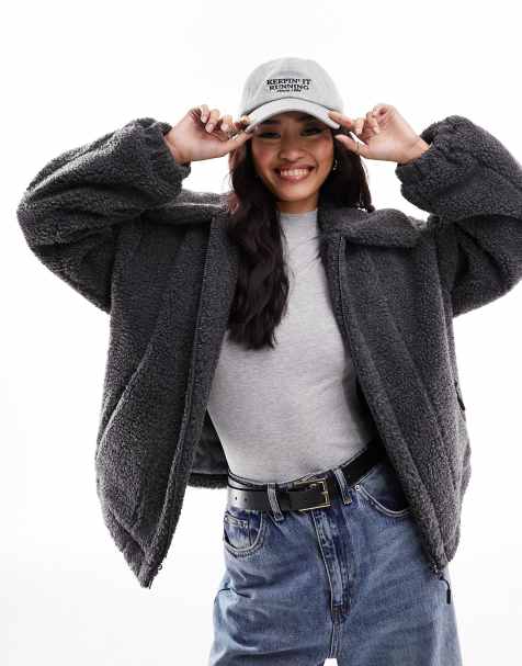 ASOS DESIGN – Teddyjacke in Anthrazit mit Kragendetail - view 1