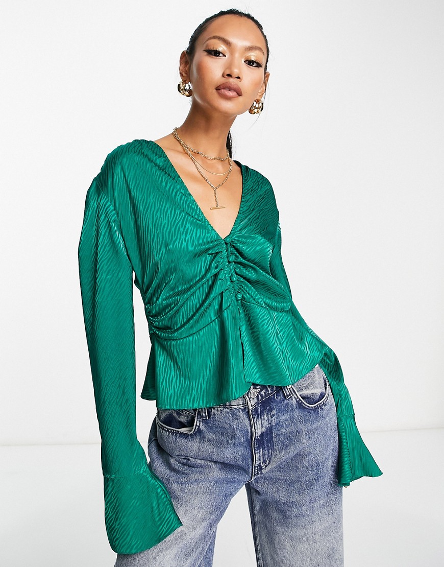 ASOS DESIGN tee blouse with ruched waist & neck tie in green jacquard
