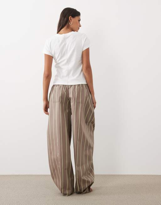 ASOS DESIGN tee with contrast stitch back detail & woven trouser pyjama set in brown, 4 of 4