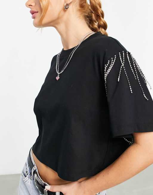 ASOS DESIGN tee with diamante trim on armholes in black