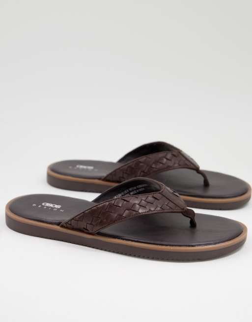 ASOS DESIGN - Teenslippers met gevlochten band van leer in bruin