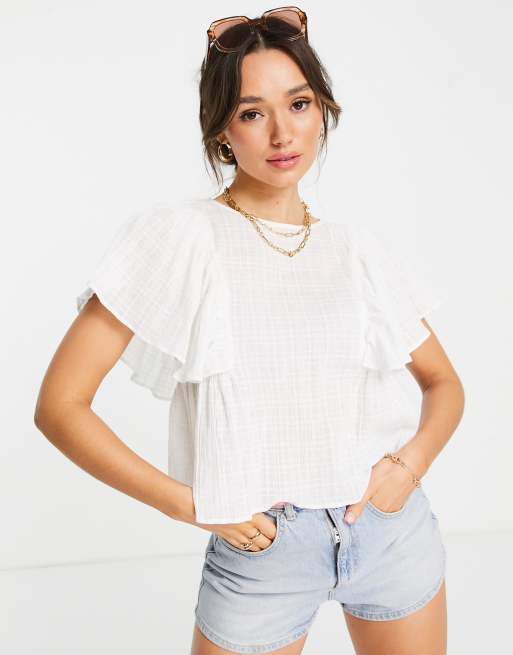 ASOS DESIGN - Tekstureret bluse med flæseærmer i hvid