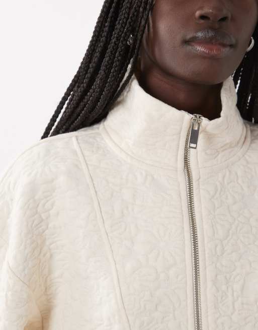 ASOS DESIGN tekstureret jacquard sweatshirt med kvart lynlås i ecru, 3 af 4