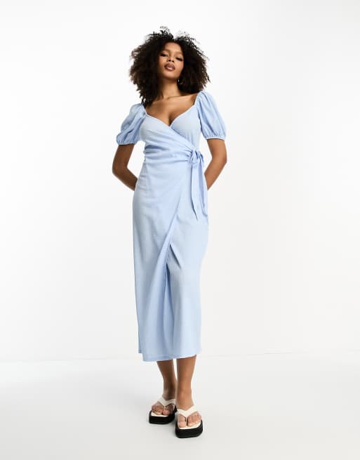 ASOS DESIGN - Tekstureret slå-om-kjole med pufærmer og bindebånd i siden i blå , 3 af 4