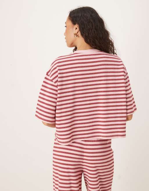 ASOS DESIGN - Tekstureret T-shirt med lyserøde/bordeaux striber i firkantet pasform - Del af sæt, 3 af 4