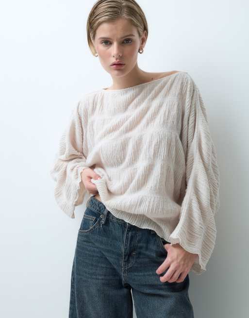 ASOS DESIGN tekstureret top med kappeeffekt og lange ærmer i creme, 3 af 5