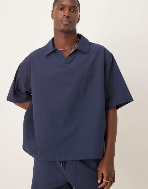 ASOS DESIGN co-ord boxy oversized textured polo shirt in navy
