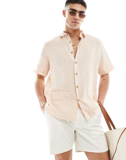 ASOS DESIGN relaxed textured shirt with patch pockets in dusty pink