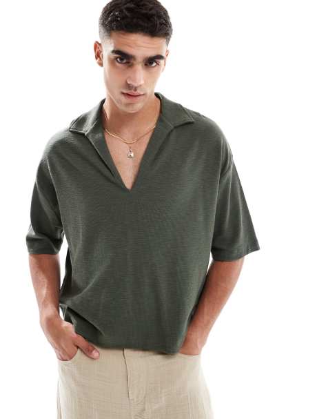 ASOS DESIGN oversized deep v polo in khaki texture
