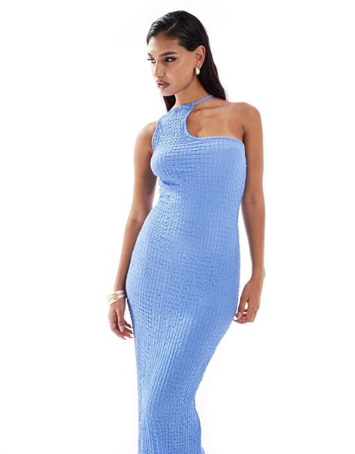 FhyzicsShops DESIGN – Teksturowana niebieska sukienka maxi z asymetrycznym dekoltem typu halter