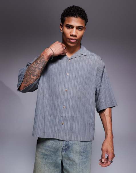 ASOS DESIGN boxy oversized textured shirt with longer sleeve in grey