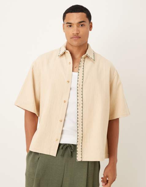 ASOS DESIGN textured oversized shirt with whip stitch detail in stone