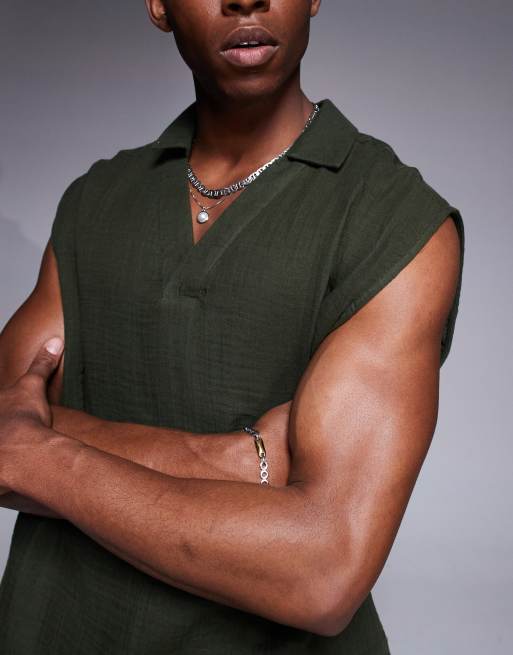 ASOS DESIGN – Teksturowana zielona koszula oversize o pudełkowym kroju bez rękawów, 3 z 4