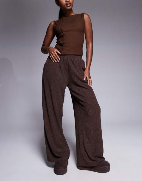 ASOS DESIGN textured wide leg trouser in chocolate