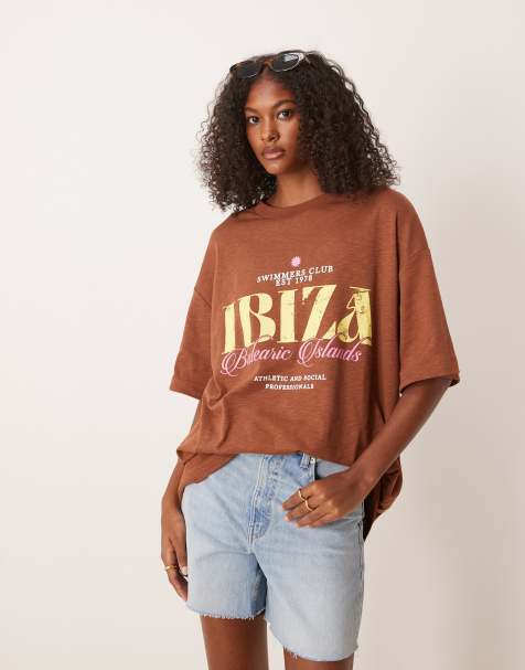 ASOS DESIGN – Teksturowany czekoladowy T-shirt oversize z grafiką z napisem Ibiza - view 1