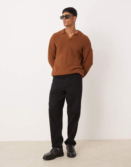 ASOS DESIGN – Teksturowany dzianinowy sweter o luźnym kroju z wycięciem przy dekolcie w jasnobrązowym kolorze