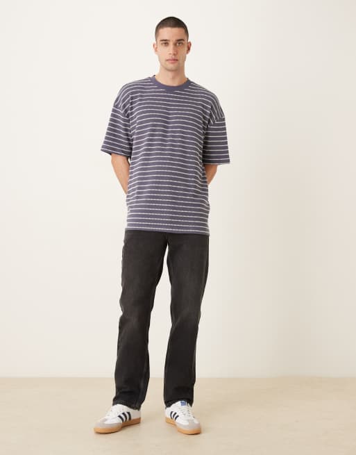  ASOS DESIGN – Teksturowany granatowy T-shirt oversize z grubej dzianiny w białe paski  , 2 z 5