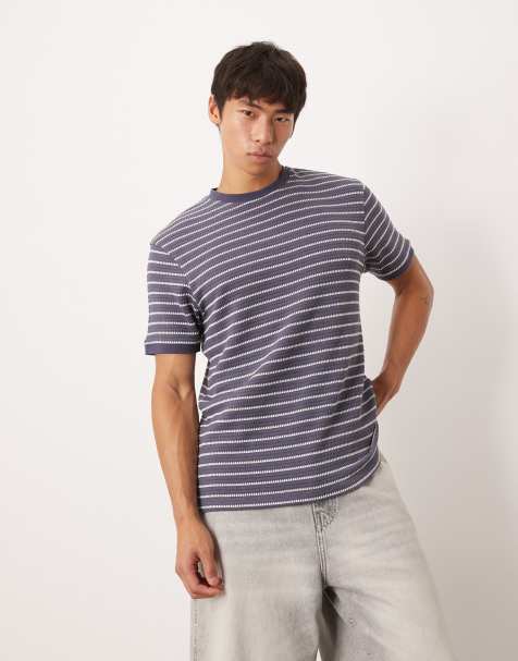 ASOS DESIGN – Teksturowany granatowy T-shirt z grubej dzianiny w białe paski - view 1