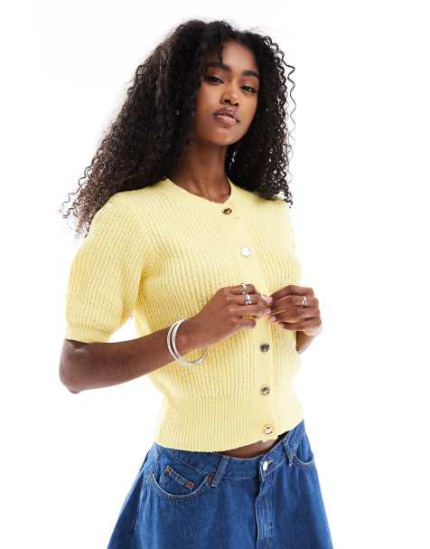 ASOS DESIGN textured short sleeve cardigan with gold buttons in buttermilk - YELLOW