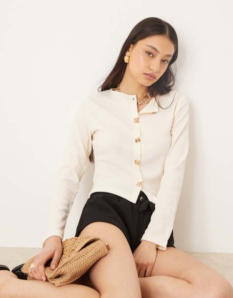 ASOS DESIGN textured cardigan with golden button detail in ecru