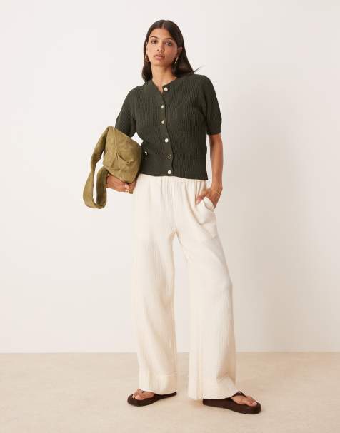 ASOS DESIGN textured short sleeve cardigan with gold buttons in khaki - KHAKI