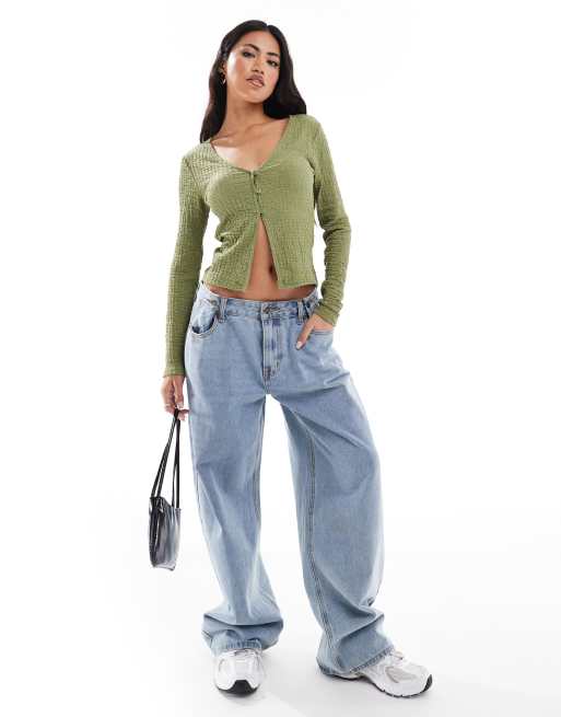 ASOS DESIGN – Teksturowany kardigan z dekoltem w szpic i rozcięciem z przodu w kolorze khaki