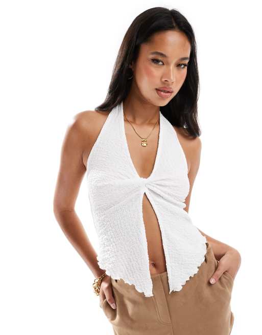 ASOS DESIGN – Teksturowany top ze skręconym z przodu dekoltem typu halter w kolorze kości słoniowej