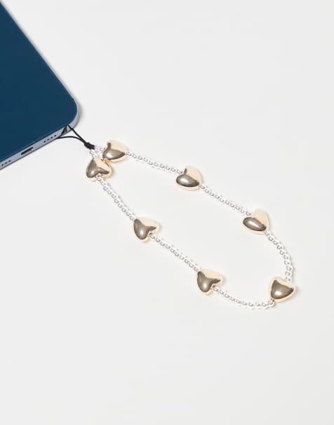 ASOS DESIGN - Telefoonband met kralen, imitatieparels en goudkleurige hartjes - view 1