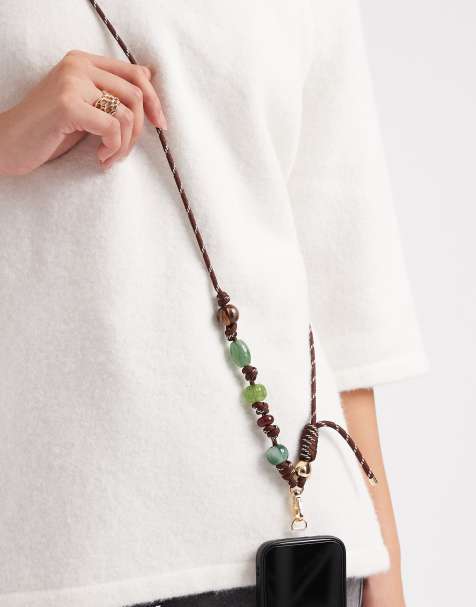ASOS DESIGN telefoonkoord in bruin met knoopdetails - view 1