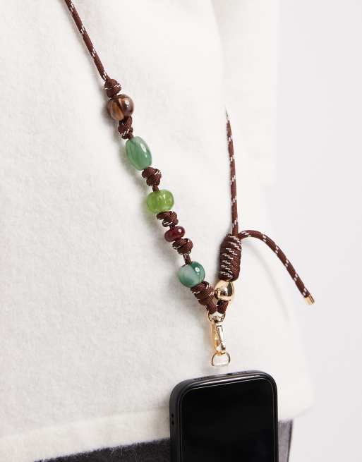 ASOS DESIGN - Telefoonkoord in bruin met kralen en knoopdetails, 2 van 3