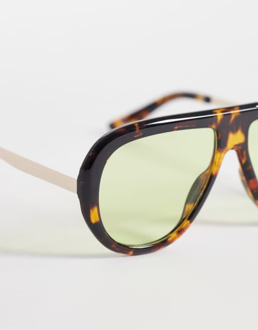 ASOS DESIGN – Temple – Pilotensonnenbrille in Schildpattoptik mit Metallbügel und hellgrünen Gläsern, 2 von 3