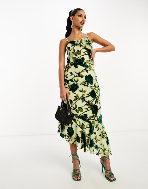 ASOS DESIGN Maternity ruffle detail plunge midi dress with tie detail in  green floral print