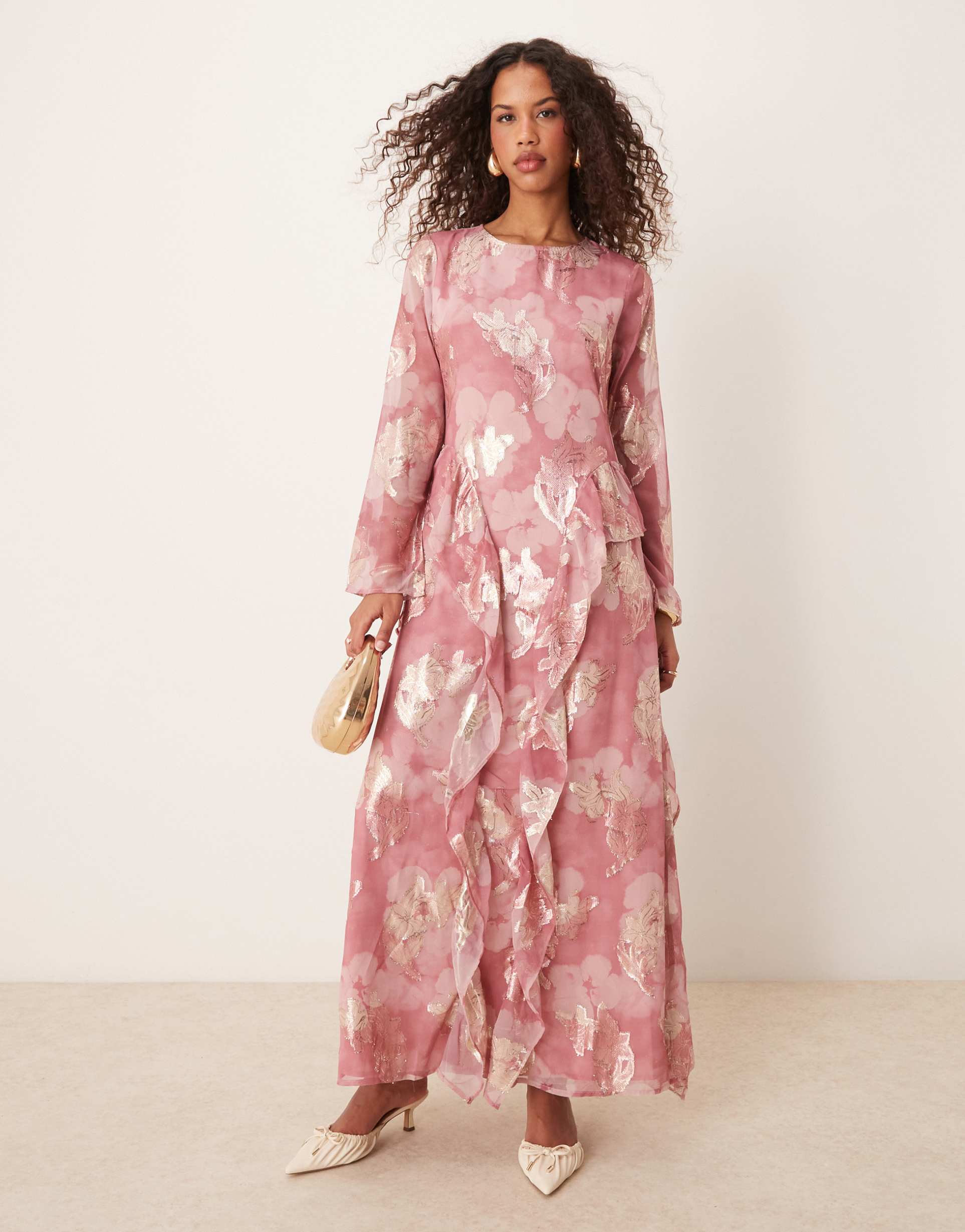 asos design tendril hem metallic floral maxi dress in rose