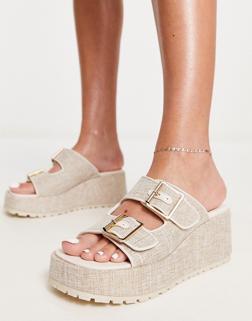 Asos Design Tennesse Buckle Detail Wedge Mules In Natural-neutral