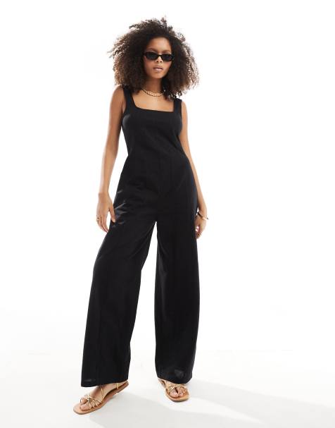 ASOS DESIGN – Tennis-Jumpsuit in Schwarz mit eckigem Ausschnitt und Ziernaht - view 1