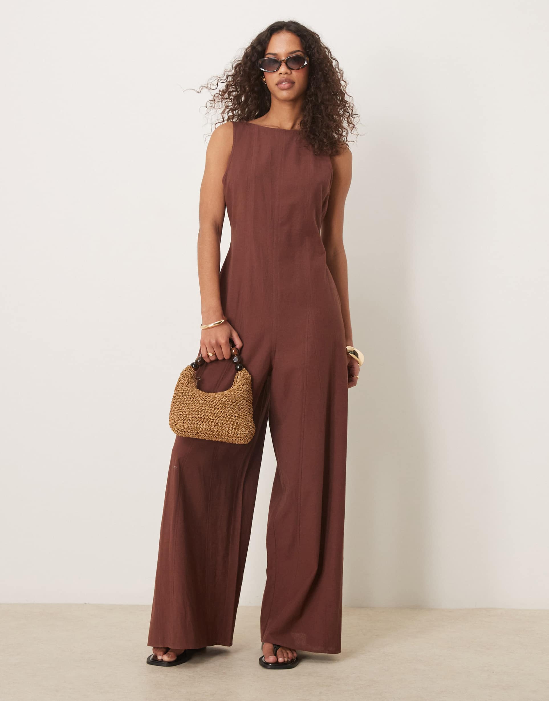 asos design tennis seamed wide leg jumpsuit in chocolate