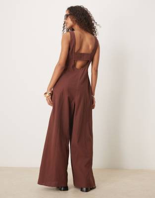 Asos Design Tennis Seamed Wide Leg Jumpsuit In Brown