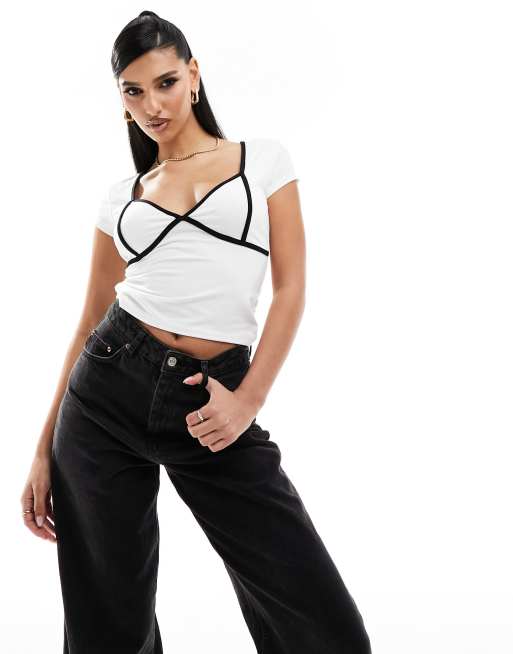 ASOS DESIGN - Tennis top in wit met contrasterende biezen