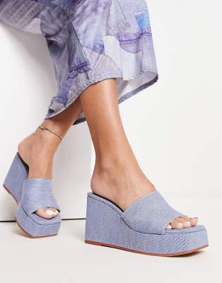 ASOS DESIGN - Teo - Denim-Mules mit Keilabsatz-Blau