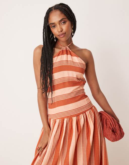 ASOS DESIGN – Terrakottafärgad, randig maxiklänning med halterneck och sänkt midja, 3 av 4