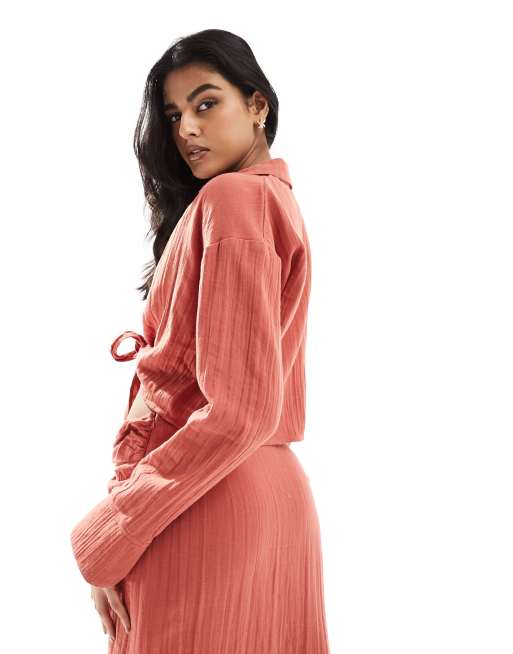 ASOS DESIGN – Terrakottafärgad skjorta i bomullsväv med knut framtill, del av set , 3 av 4