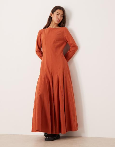 ASOS DESIGN - Terrakottafarvet maxikjole med bred halsudskæring og fuld nederdel - view 1